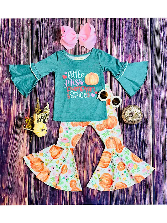 (Custom Design Preorder MOQ 5) Pumpkin Top Flowers Bell Pants Girls Fall Clothes Set
