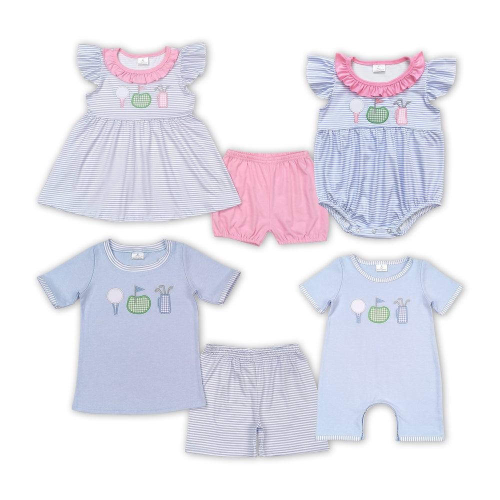 Golf Embroidery Stripes Print Sibling Summer Matching Clothes
