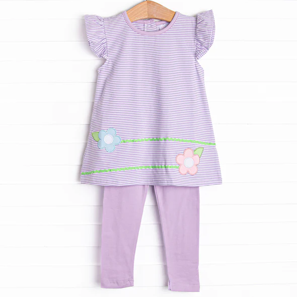 (Custom Design Preorder MOQ 5) Flowers Stripes Tunic Top Purple Pants Girls Clothes Set