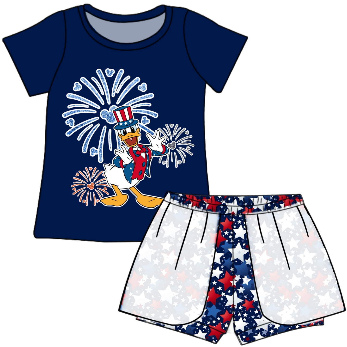 (Custom Design Preorder MOQ 5) Cartoon Duck Print Girls 4th of July Clothes Set