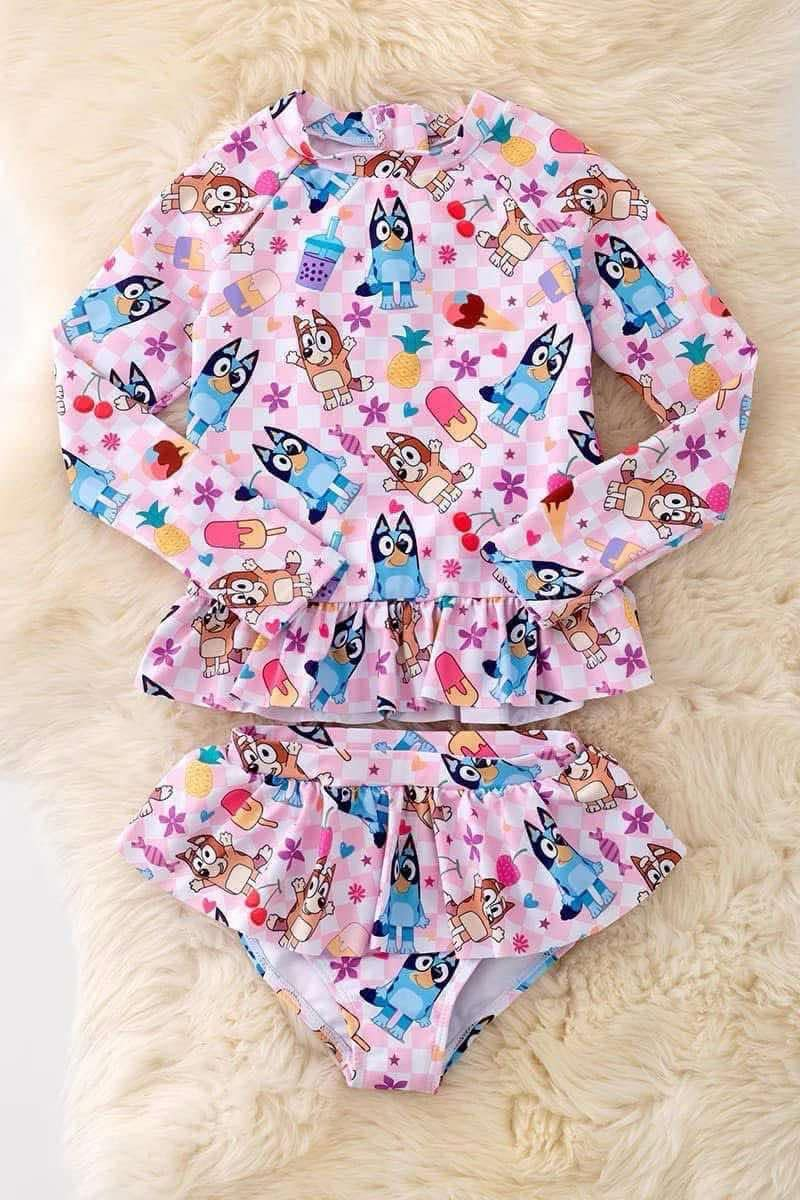 (Custom Design Preorder MOQ 5) Cartoon Dog Pink Print Girls 2 Pieces Swimsuits
