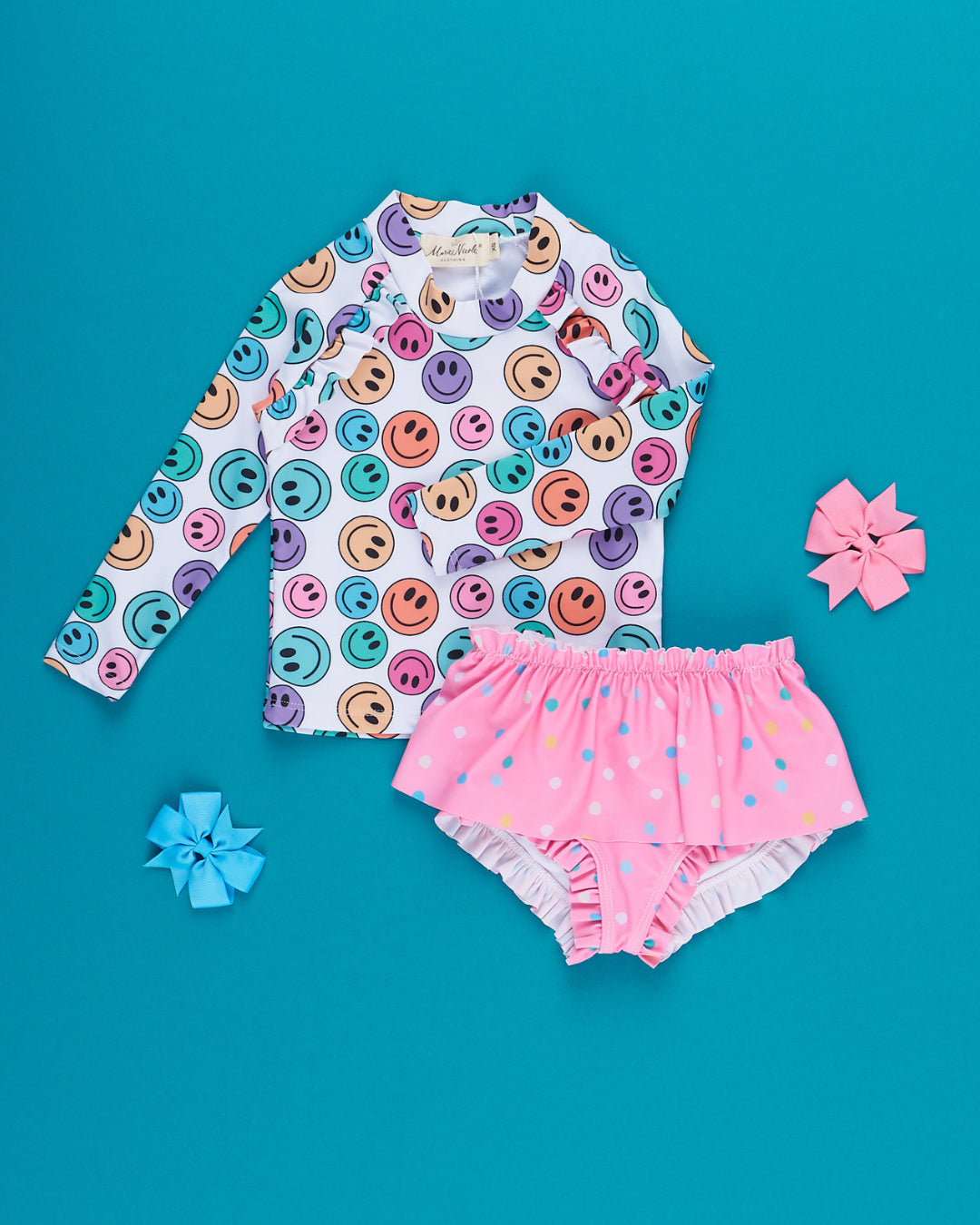 (Custom Design Preorder MOQ 5) Colorful Smiling Face Long Sleeve Top Pink Shorts Girls 2 Pieces Swimsuits