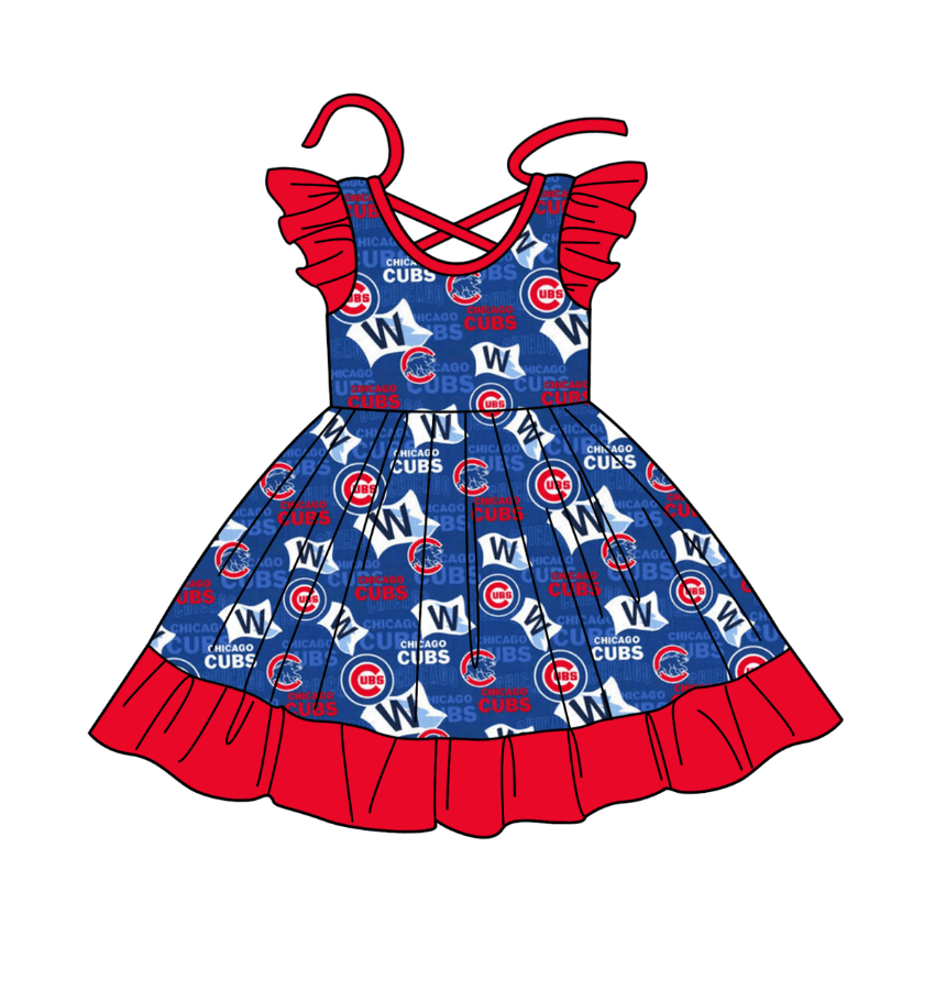 (Custom Design Preorder MOQ 5)Team's W CUBS Print Girls Summer Knee Length Dress