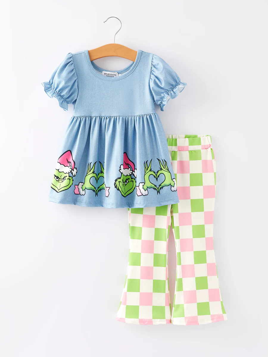 (Custom Design Preorder MOQ 5) Green Frog Blue Tunic Top Plaid Pants Girls Christmas Clothes Set