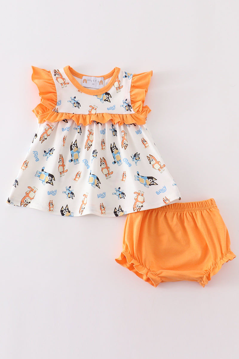 (Custom Design Preorder MOQ 5) Cartoon Dog Orange Print Baby Girls Bummie Set