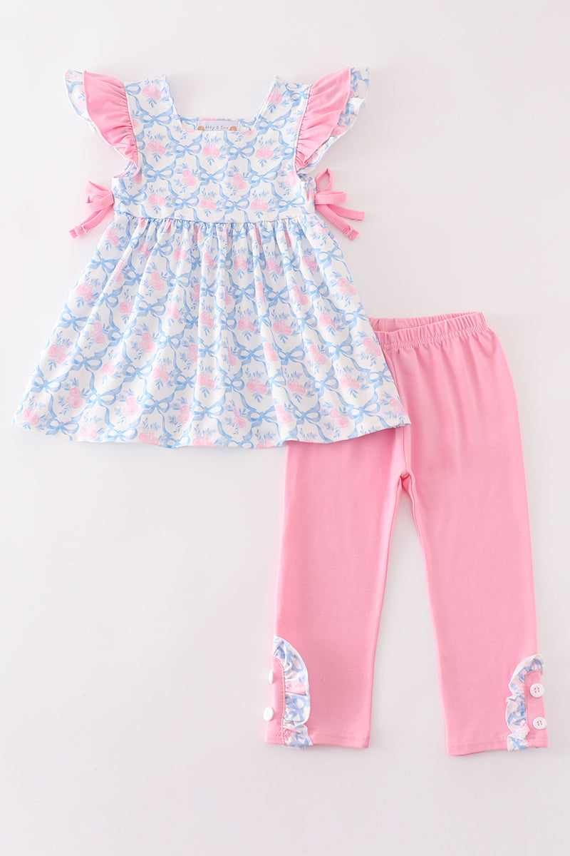 (Custom Design Preorder MOQ 5) Bows Flowers Tunic Top Pink Pants Girls Spring Clothes Set