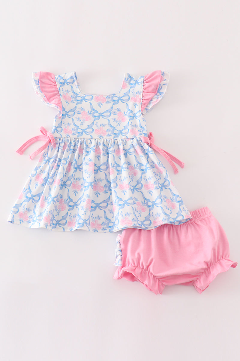 (Custom Design Preorder MOQ 5) Bows Flowers Print Baby Girls Spring Bummie Set