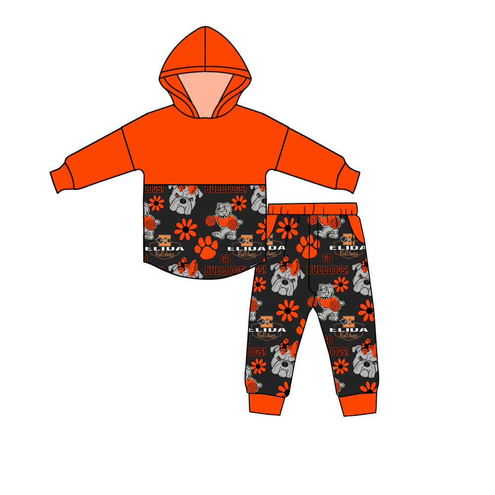 (Custom Design Preorder MOQ 5) Team's Bulldogs Flowers Hoodie Top Pockets Pants Kids Clothes Set