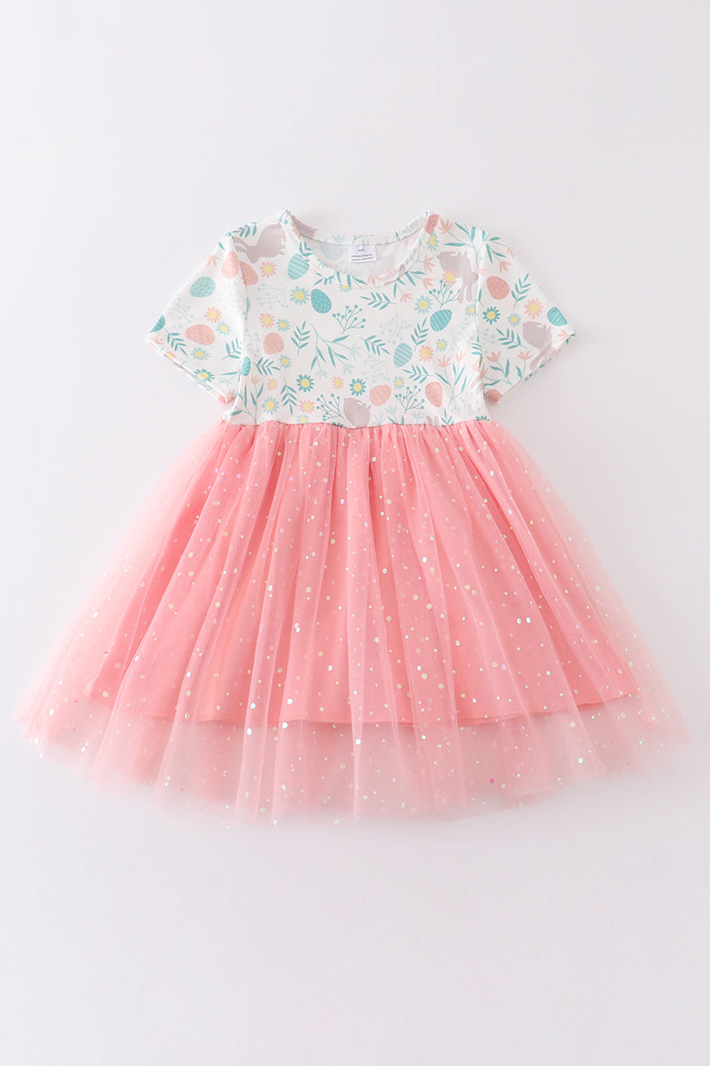 (Custom Design Preorder MOQ 5) Bunny Flowers Print Girls Easter Knee Length Tulle Dress