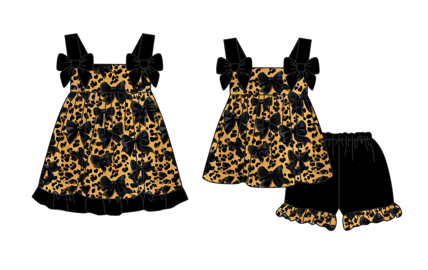2.24(Custom Design Preorder MOQ 5 Each Design) Black Bows Leopard Print Girls Summer Matching Clothes Sisters Wear
