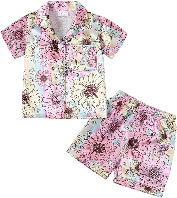 (Custom Design Preorder MOQ 5) Sunflowers Print Girls Summer Pajamas Clothes Set