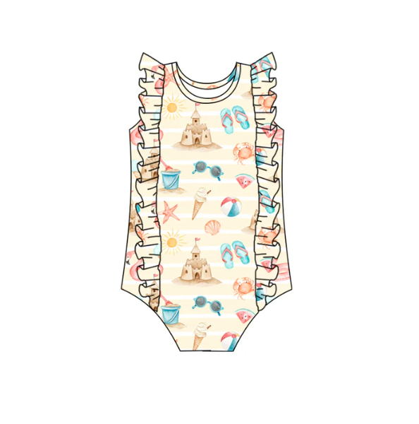 (Custom Design Preorder MOQ 5) Beach Castle Print Girls 1 Piece Swimsuits