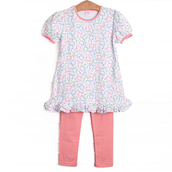 (Custom Design Preorder MOQ 5) Colorful Bows Stripes Tunic Top Legging Pants Girls Clothes Set