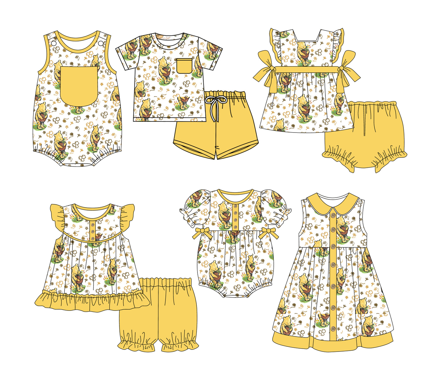 3.3(Custom Design Preorder MOQ 5 Each Design) Cartoon Bear Pooh Yellow Print Kids Summer Matching Clothes Sibling Wear
