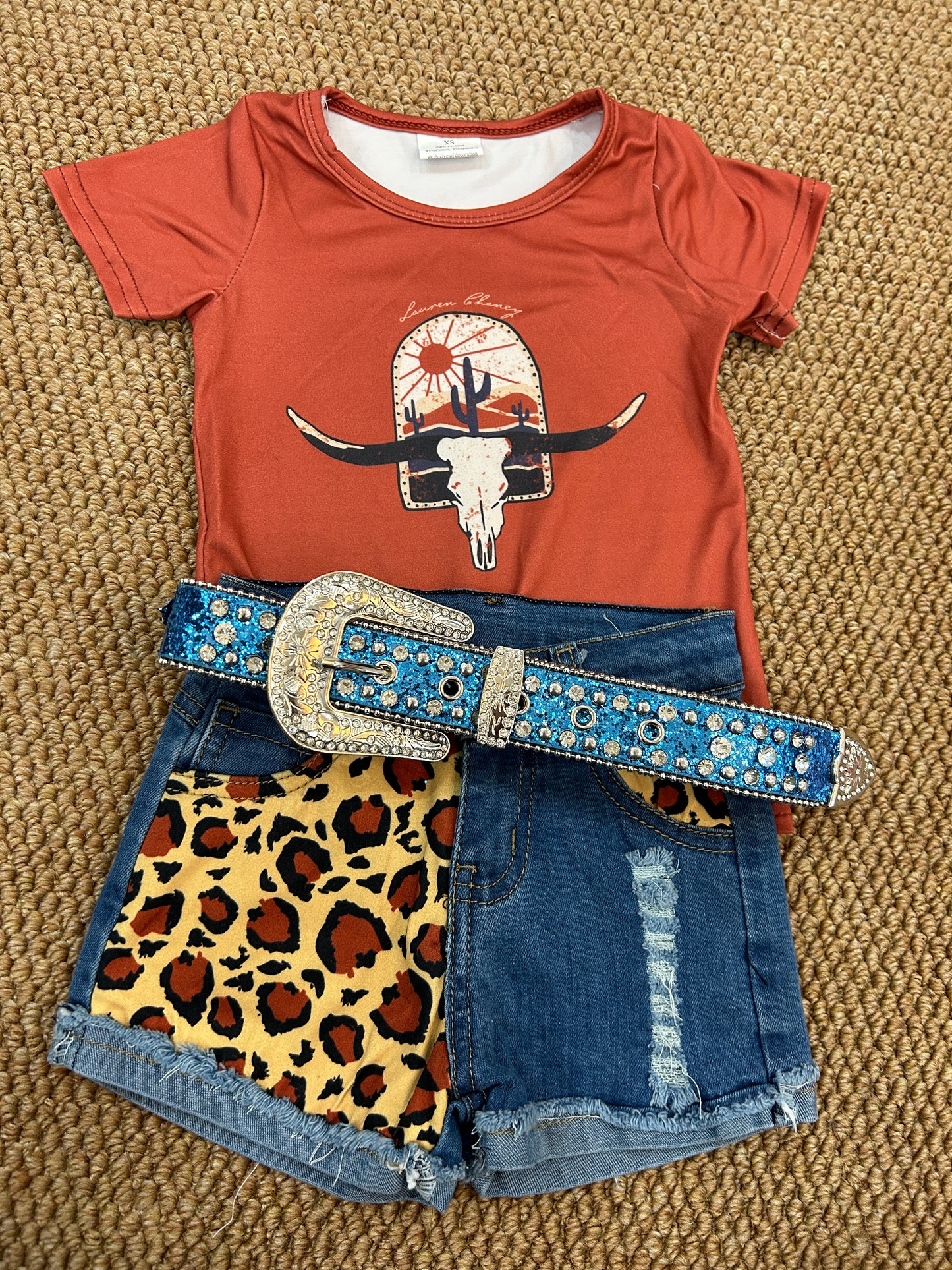 GT0106+D5-14+GB0008 Cow Skull Top Leopard Denim Shorts Girls 3 Pieces Summer Outfits