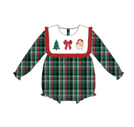 (Custom Design Preorder MOQ 5) Santa Candy Cane Plaid Print Baby Girls Christmas Romper