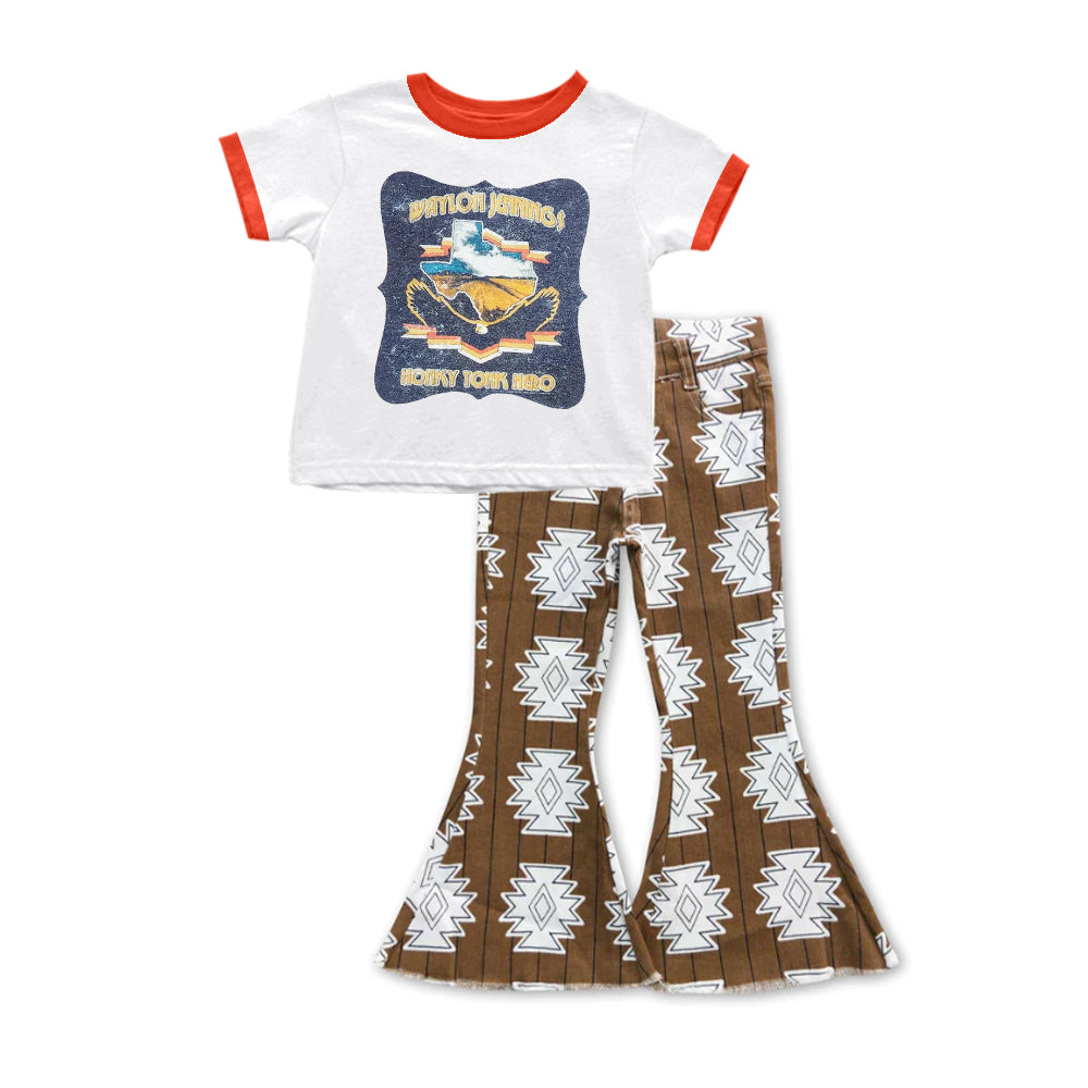 (Custom Design Preorder MOQ 5) Ranch Hand Top Brown Aztec Jeans Girls Western Clothes Set