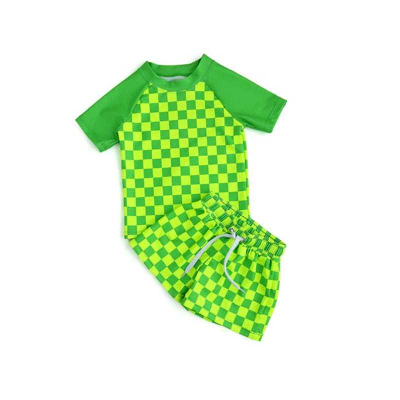 (Custom Design Preorder MOQ 5) Green Plaid Print Boys 2 Pieces Swimsuits