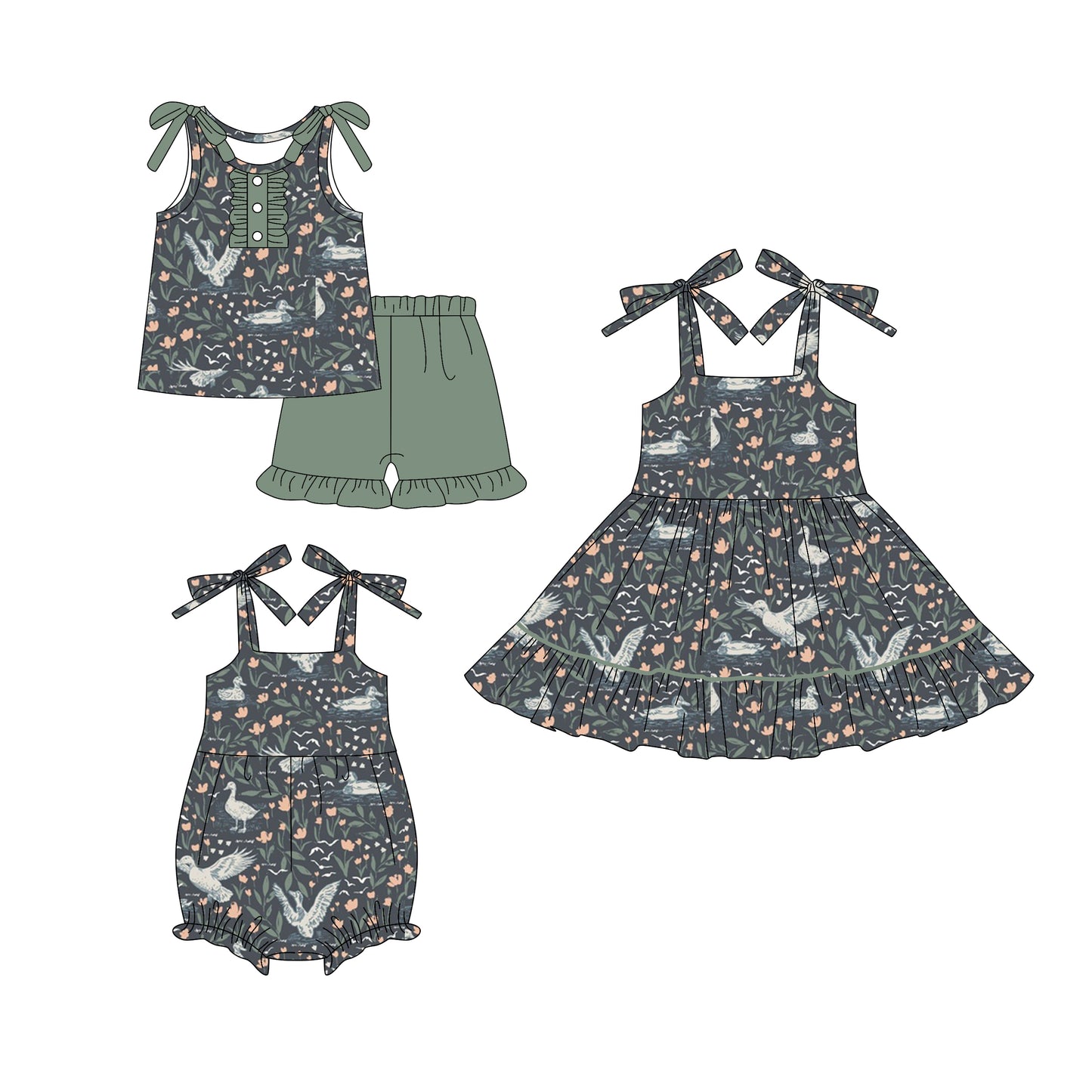 5.23(Custom Design Preorder MOQ 5 Each Design) Duck Flowers Print Girls Summer Matching Clothes Sisters Wear