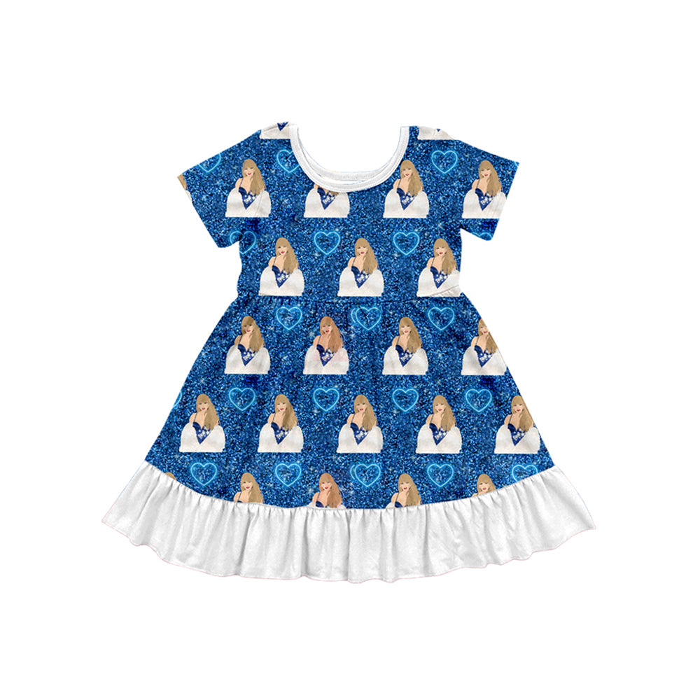 12.10(Custom Design Preorder MOQ 5) Singer Swiftie Heart Blue Print Girls Summer Knee Length Dress