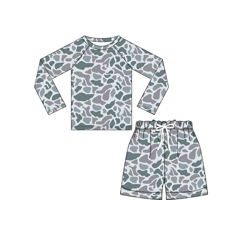 3.10(Custom Design Preorder MOQ 5) Grey Camo Print Boys Long Sleeve 2 Pieces Swimsuits