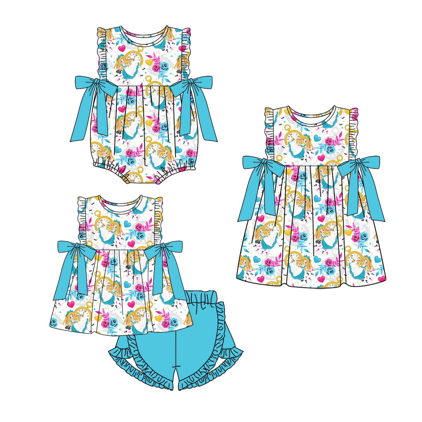 11.28(Custom Design Preorder MOQ 5 Each Design) Cartoon Alice Flowers Print Girls Summer Matching Clothes Sisters Wear