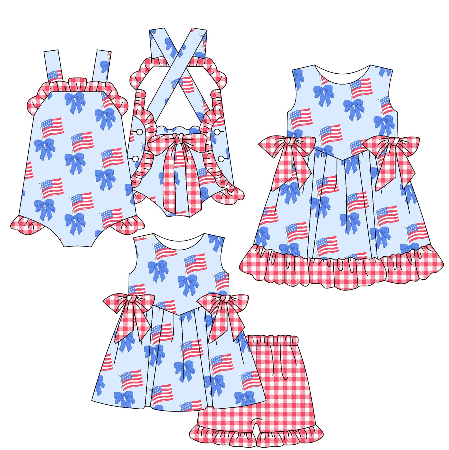 3.7(Custom Design Preorder MOQ 5 Each Design) Flag Bows Print Girls 4th of July Matching Clothes Sisters Wear