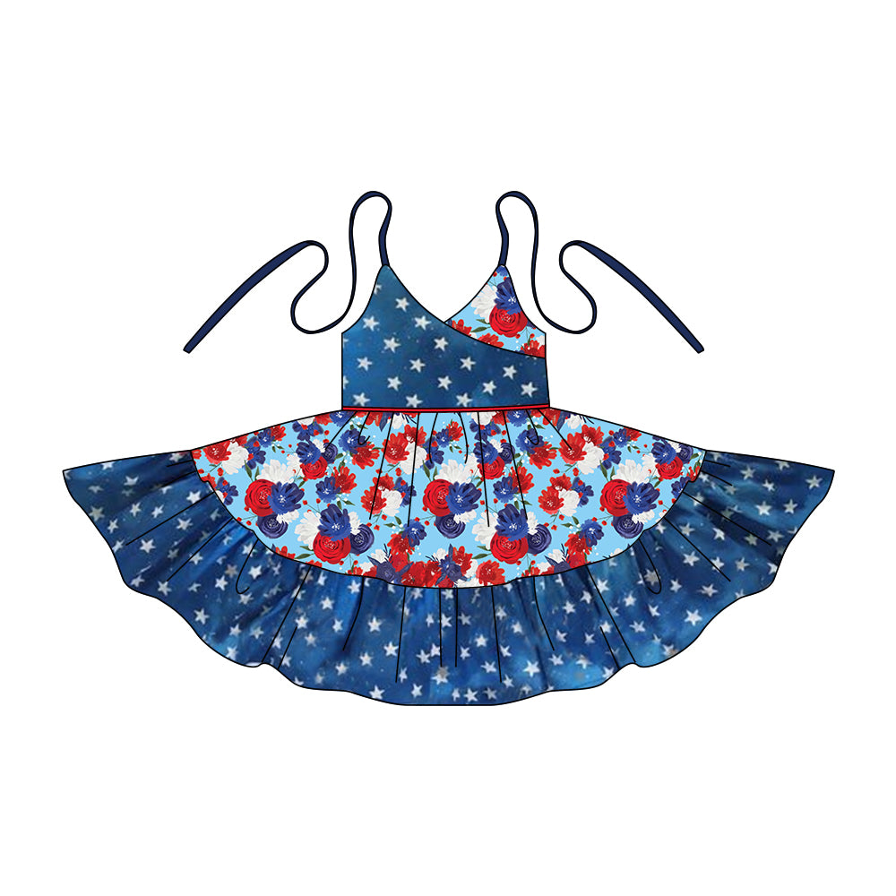 (Custom Design Preorder MOQ 5) Flowers Stars Print Girls Knee Length 4th of July Dress