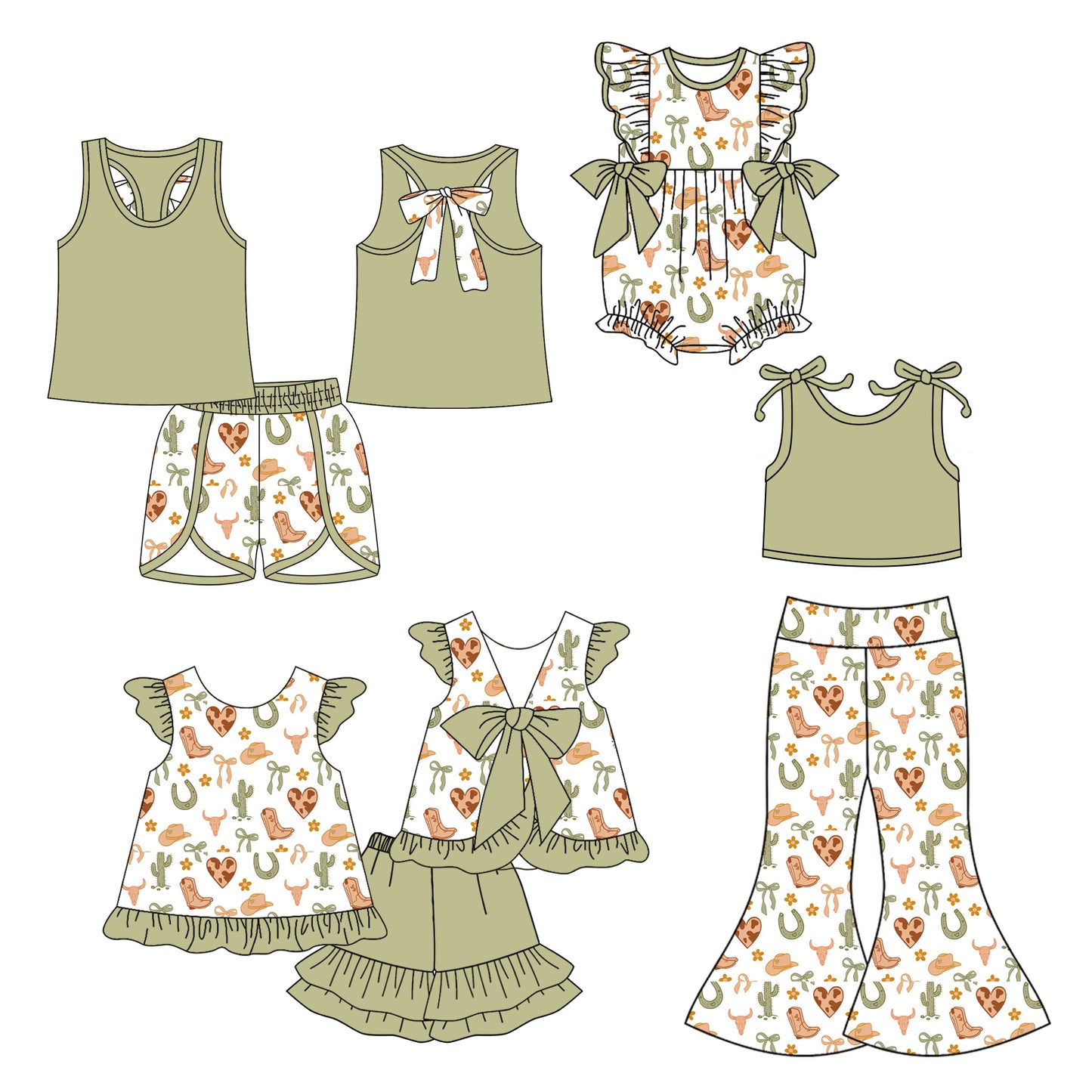 5.6(Custom Design Preorder MOQ 5 Each Design) Boots Hat Cactus Bows Print Girls Summer Western Matching Clothes Sisters Wear