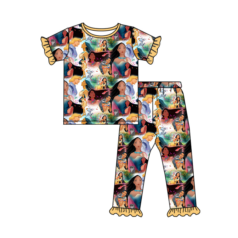 (Custom Design Preorder MOQ 5) Cartoon Princess Flowers Print Girls Pajamas Clothes Set