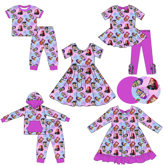 (Custom Design Preorder MOQ 5 Each Item) Cartoon KPOP Character Purple Print Girls Matching Clothes