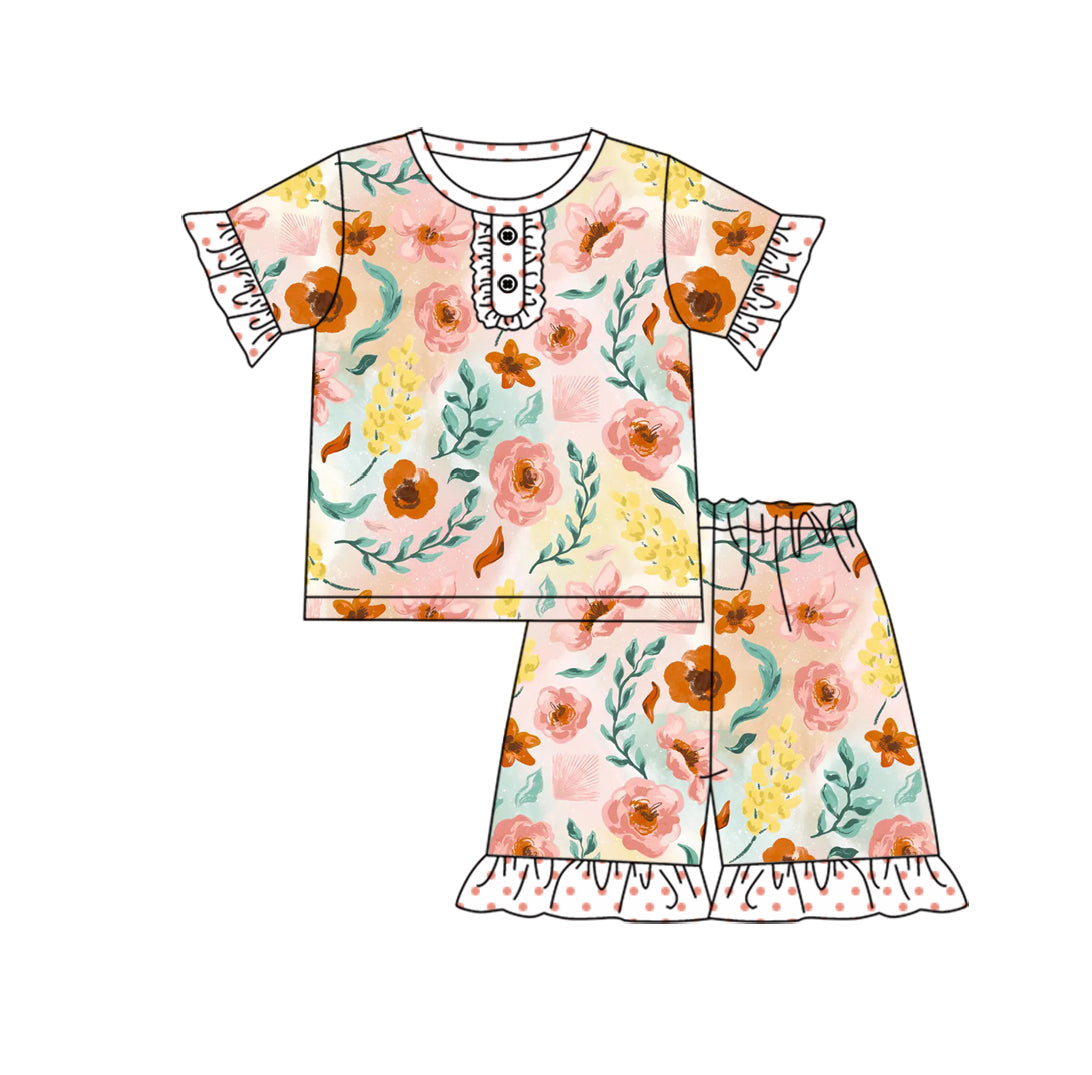 (Custom Design Preorder MOQ 5) Yellow Pink Flowers Print Girls Summer Pajamas Clothes Set