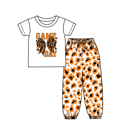 (Custom Design Preorder MOQ 5) Game Day Bow Top Orange Leopard Joggers Pants Girls Clothes Set
