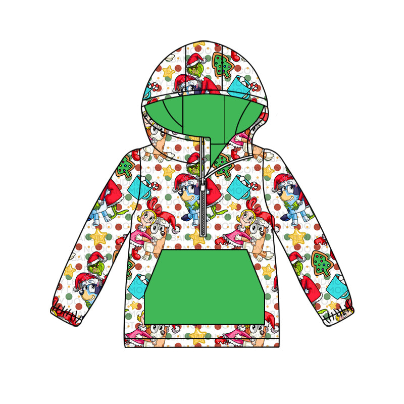 (Custom Design Preorder MOQ 5) Cartoon Dog Green Frog Print Boys Christmas Hoodie Zipper Tops
