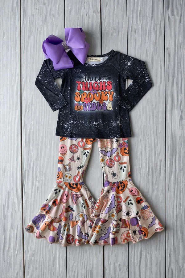 (Custom Design Preorder MOQ 5) Spooky Top Pumpkin Bell Pants Girls Halloween Clothes Set