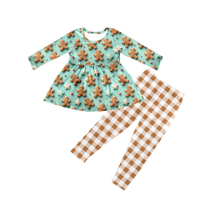 (Custom Design Preorder MOQ 5) Gingerbread Tunic Top Plaid Pants Girls Christmas Bamboo Clothes Set