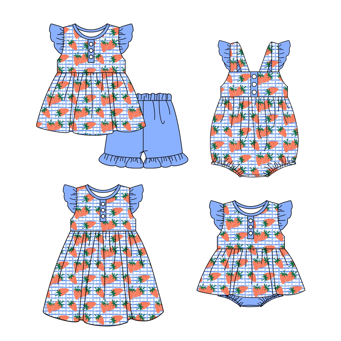 11.16(Custom Design Preorder MOQ 5 Each Design) Strawberry Print Girls Summer Matching Clothes Sibling Wear