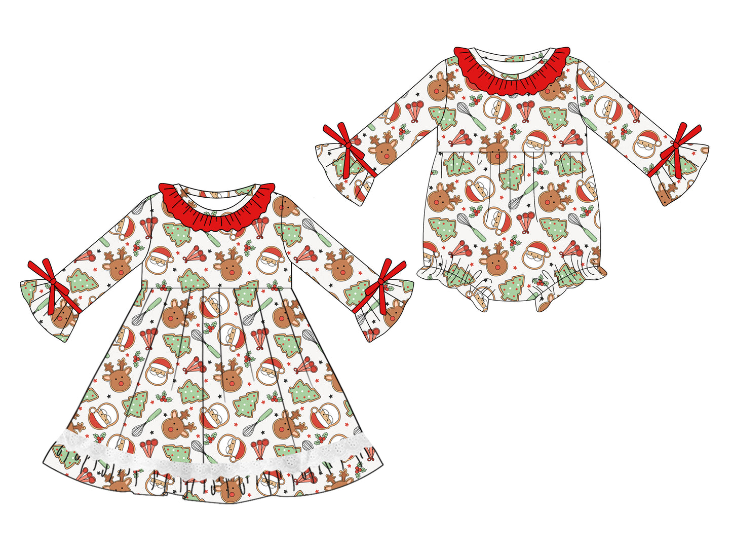 5.22(Custom Design Preorder MOQ 5 Each Design) Santa Tree Gingerbread Holly Print Girls Christmas Matching Clothes Sisters Wear