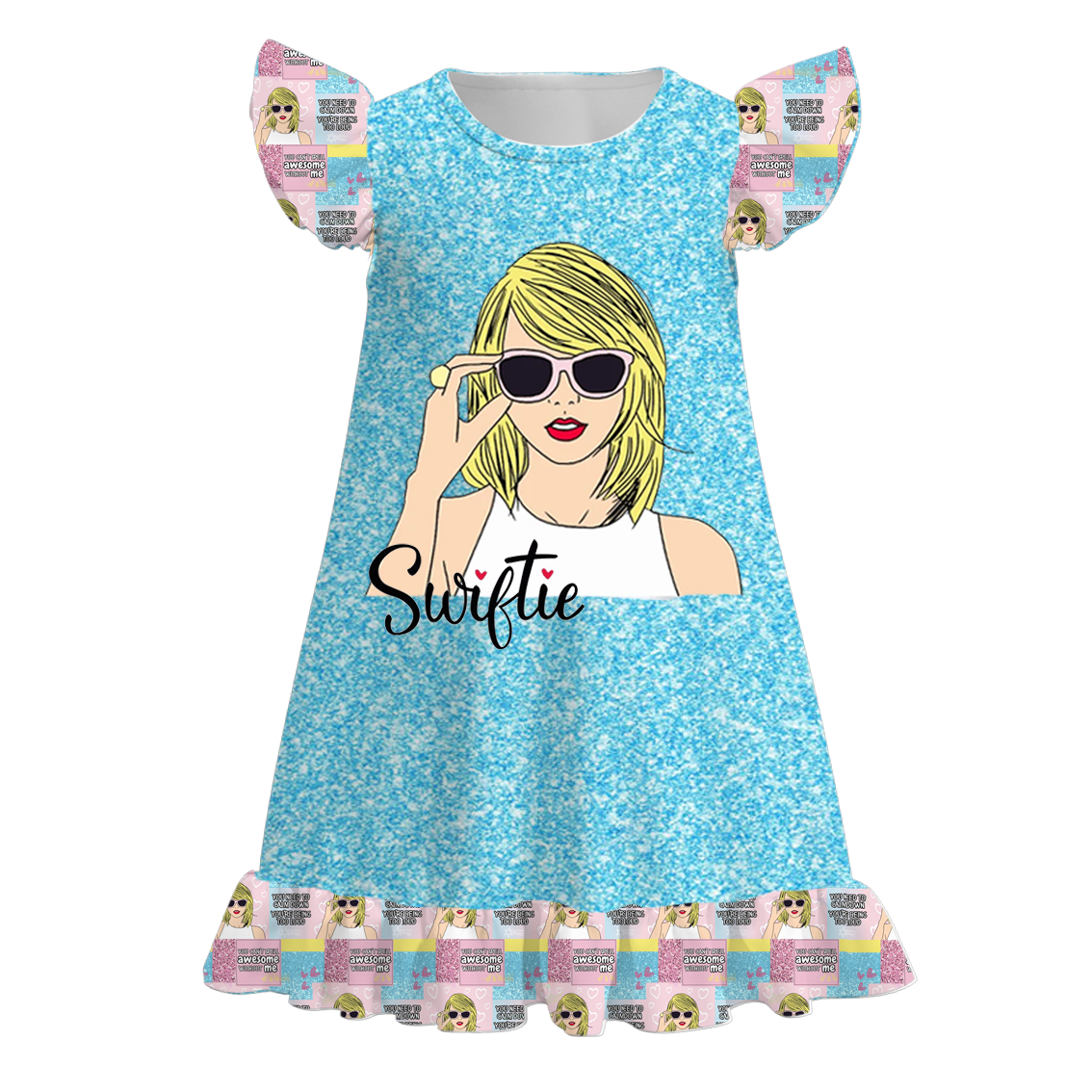 (Custom Design Preorder MOQ 5) Singer Swiftie Blue Print Girls Knee Length Summer Dress