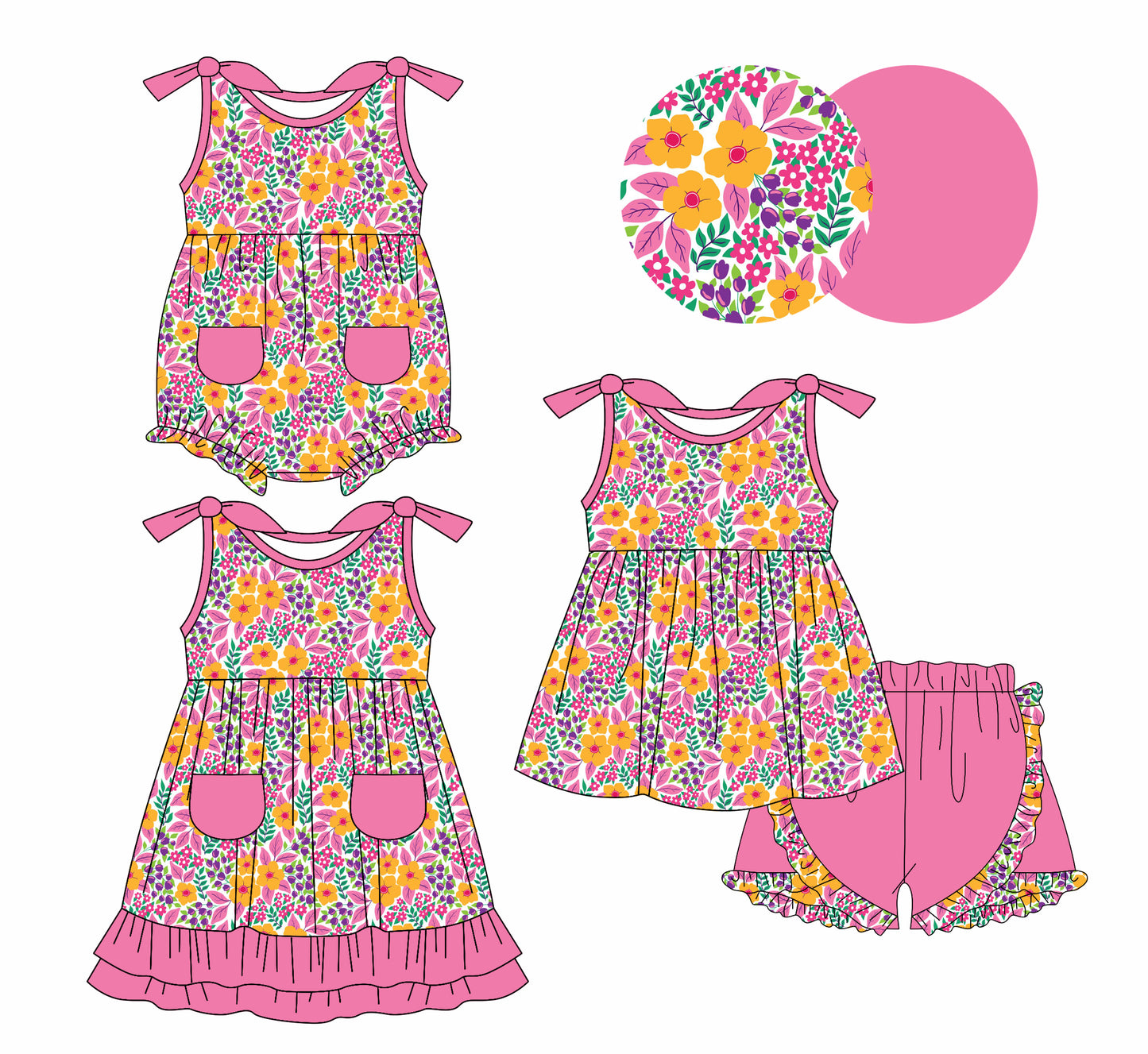 1.7(Custom Design Preorder MOQ 5 Each Design) Flowers Mustard Pink Print Girls Summer Matching Clothes Sisters Wear