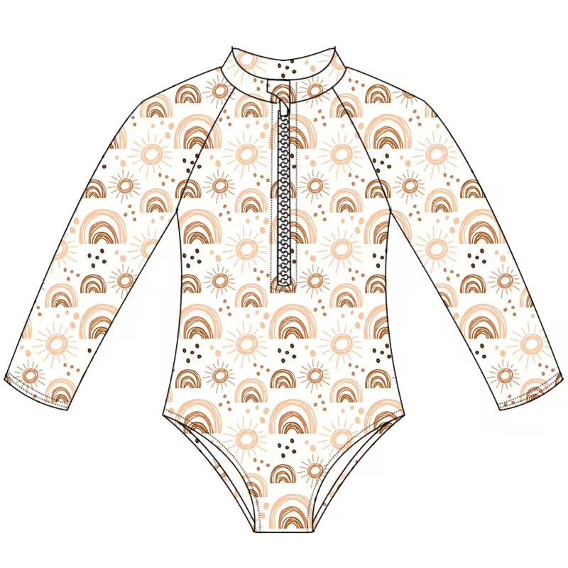 (Custom Design Preorder MOQ 5) Rainbow Sunshine Print Girls 1 Piece Long Sleeve Zipper Swimsuits