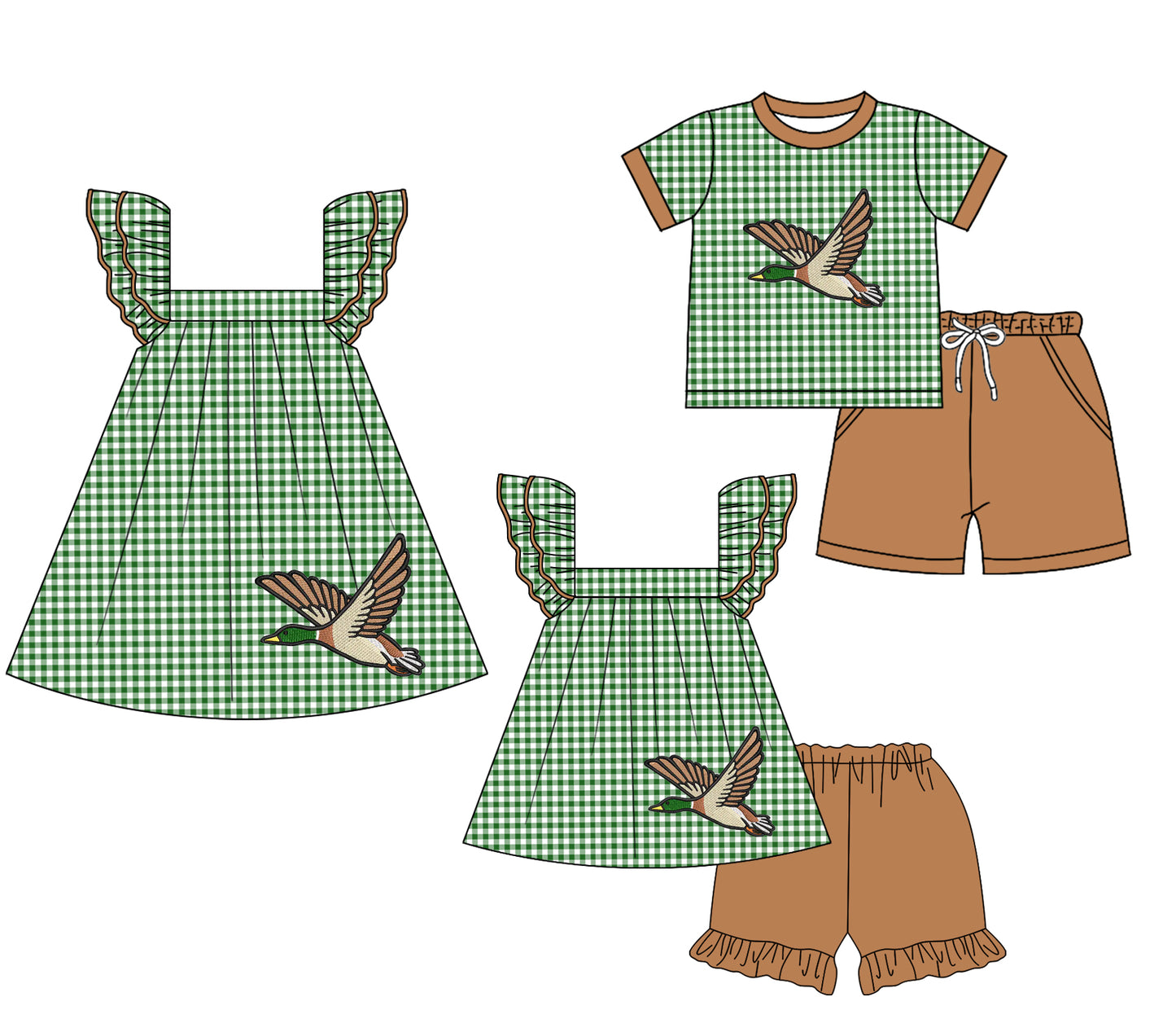 1.24(Custom Design Preorder MOQ 5 Each Design) Duck Green Plaid Print Kids Summer Matching Clothes Sibling Wear