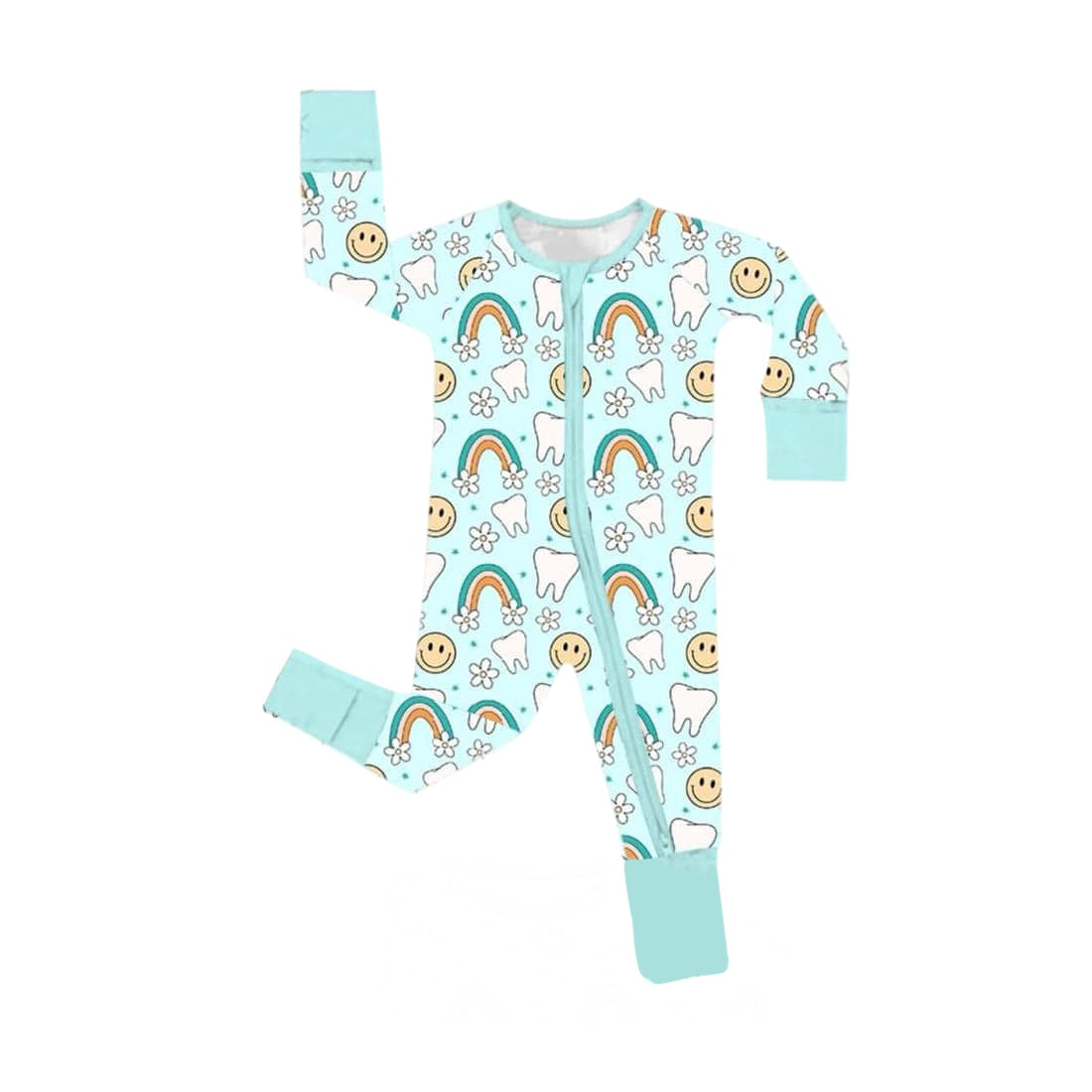(Custom Design Preorder MOQ 5) Tooth Rainbow Flowers Print Baby Girls Zipper Sleeper Romper
