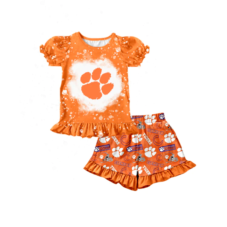 (Custom Design Preorder MOQ 5) Team's Orange Paw Print Girls Summer Clothes Set