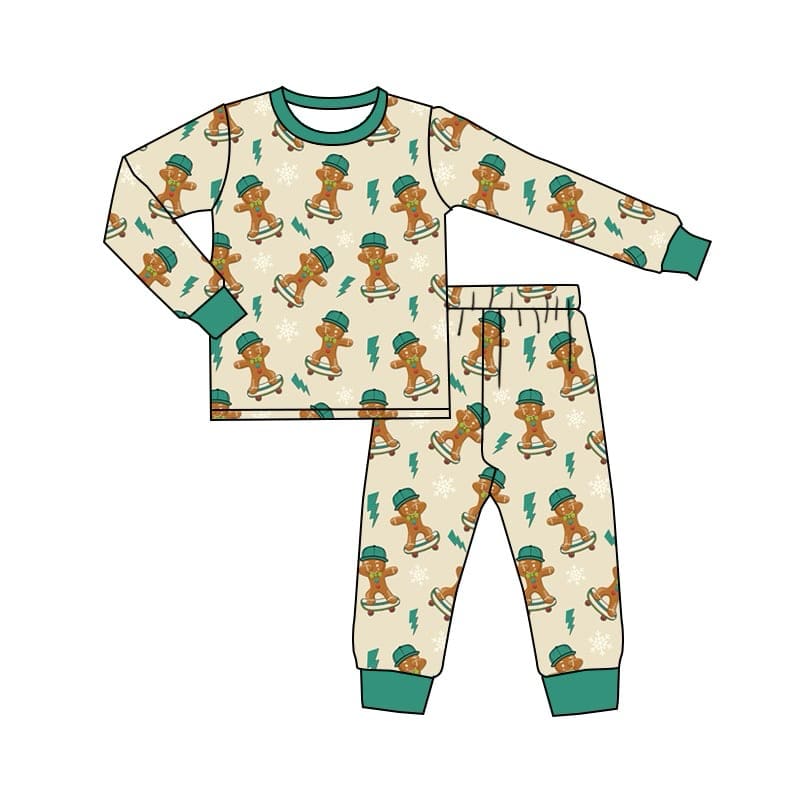 (Custom Design Preorder MOQ 20) Gingerbread Print Boys Christmas Bamboo Pajamas Clothes Set