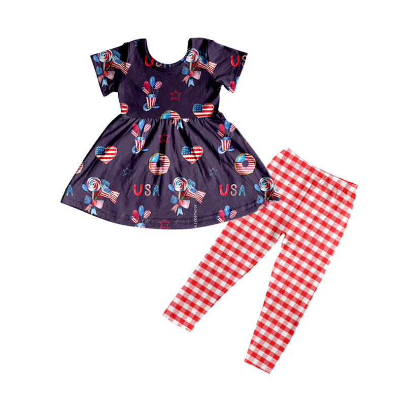 (Custom Design Preorder MOQ 5) USA Heart Flags Print Tunic Top Red Stripes Legging Pants Girls 4th of July Clothes Set