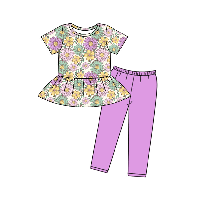 (Custom Design Preorder MOQ 5) Flowers Top Purple Pants Girls Clothes Set