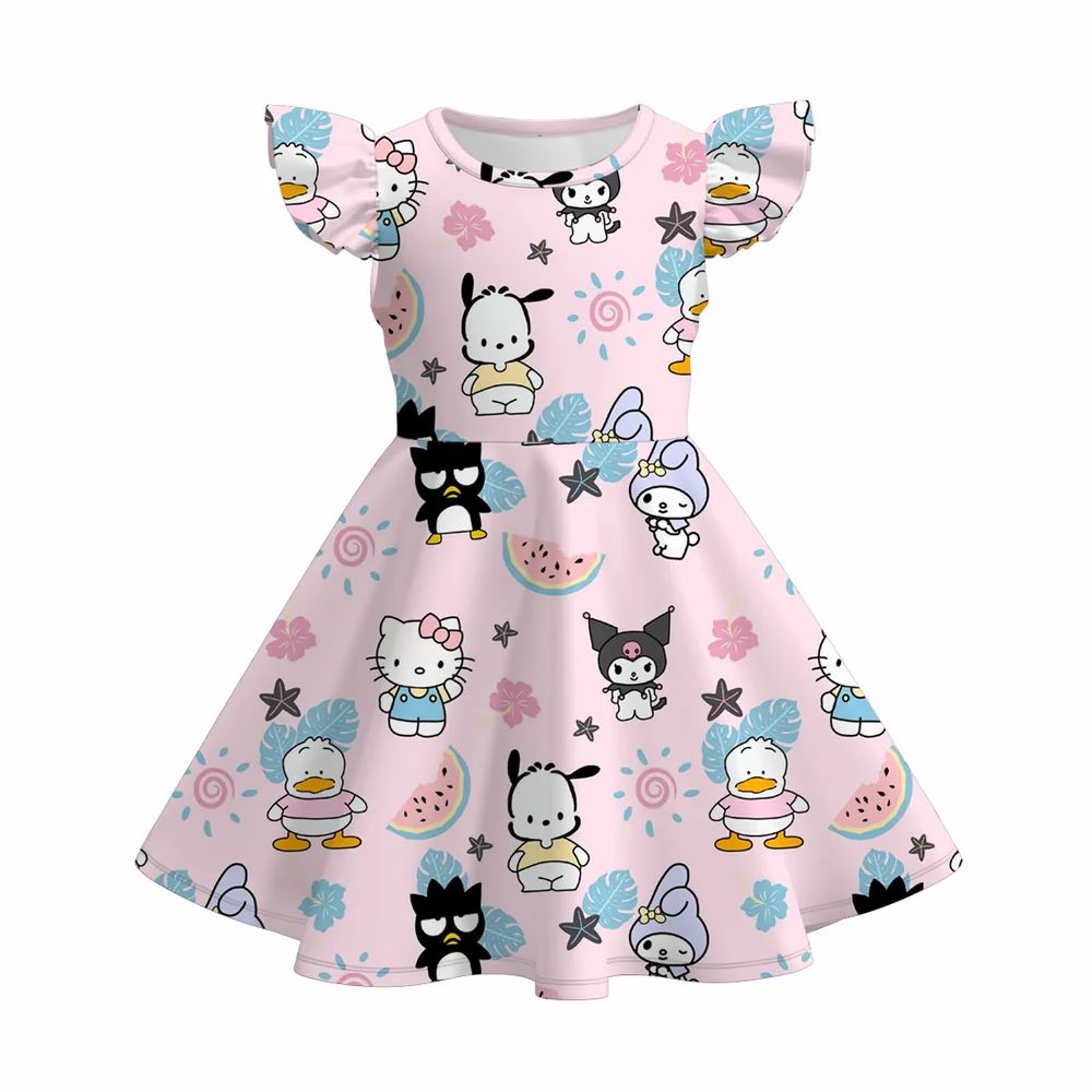 (Custom Design Preorder MOQ 5) Cartoon Animals Watermelon Print Girls Summer Knee Length Dress