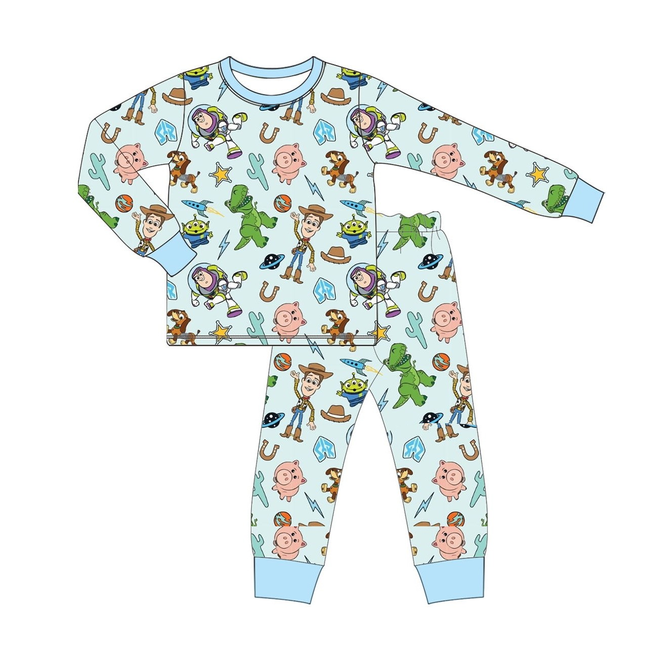 (Custom Design Preorder MOQ 5) Cartoon Toys Blue Print Boys Pajamas Clothes Set