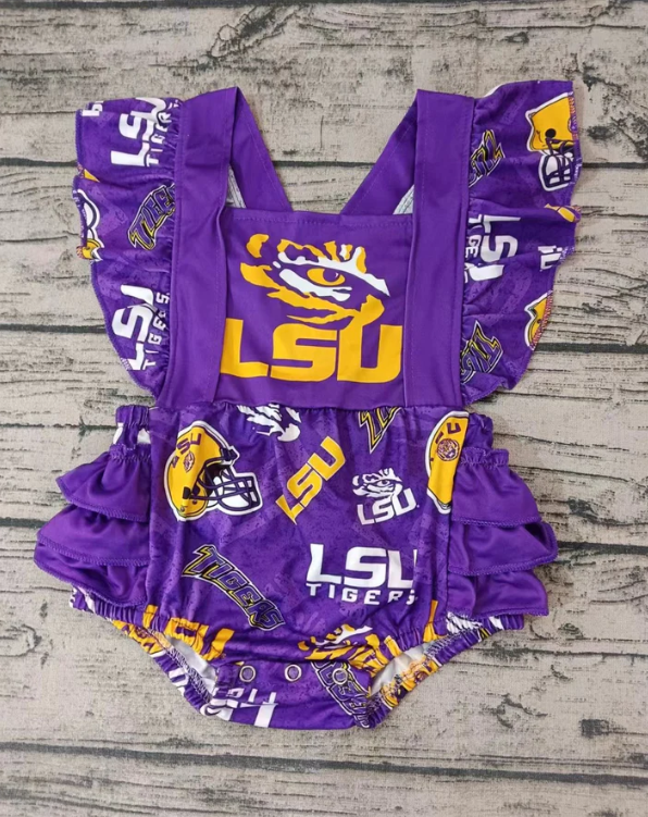 (Custom Design Preorder MOQ 5) Team's Purple LSU Print Baby Girls Summer Romper